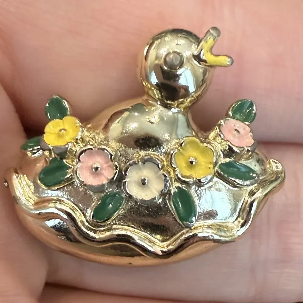 Vintage Chick Bird Hen Enamel Brooch Pin In Nest Egg Flowers Gold Tone